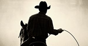 Cowboy on horse with rope at rodeo