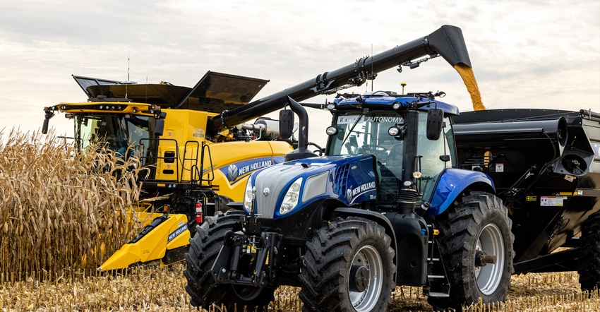  a New Holland tractor demonstrating Raven’s OmniDrive Autonomous Harvest Application harvesting corn