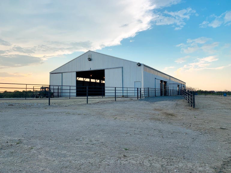 A white structure with metal fences surrounding it and used for cattle handling