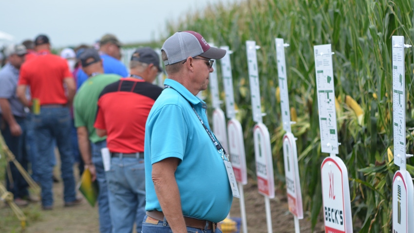 Farmers viewing at Beck’s new Practical Farm Research facility near Goehner, Neb. search plots