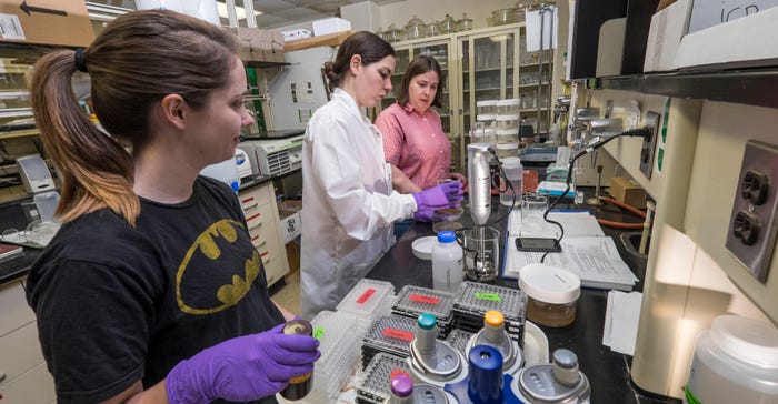 Michaela Lohman, Alexia Witcombe and MSU soil scientist Lisa Tiemann process soil samples in the Michigan State University la