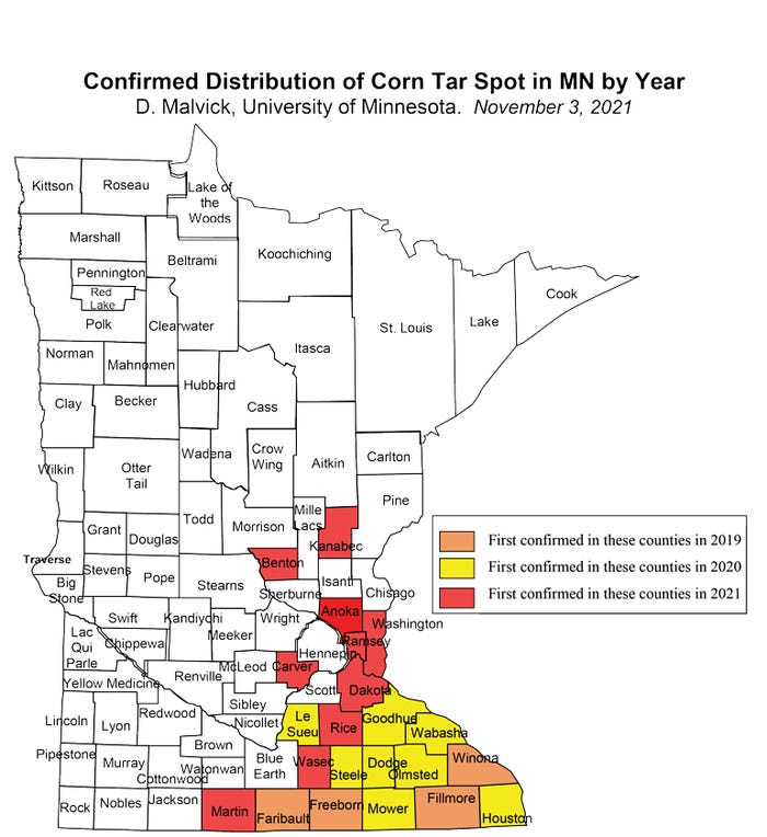 Minnesota map of corn tar spot cases