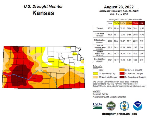 e Aug. 23 U.S. Drought Monitor Map shows two-thirds of the state is suffering from Severe Drought