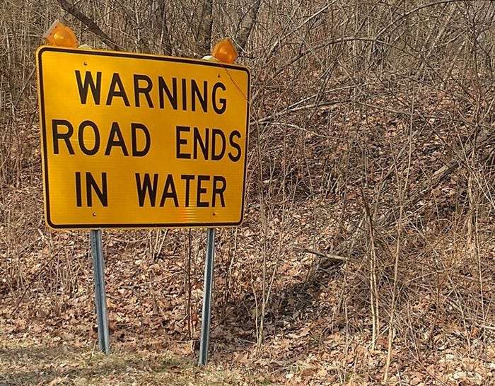 "Warning Road Ends in Water" sign in Salamonie State Park Recreation Area in Indiana