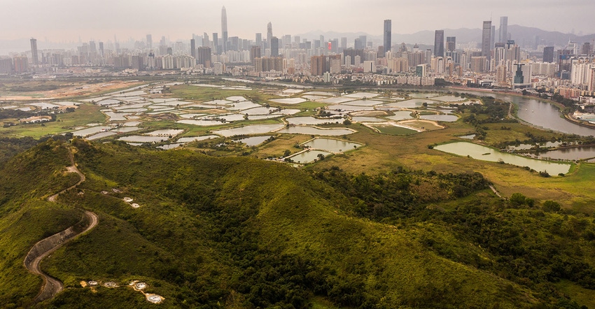 This aerial photo shows farmland and fisheries on Hong Kong's border, with the skyline of the Chinese city of Shenzhen in the