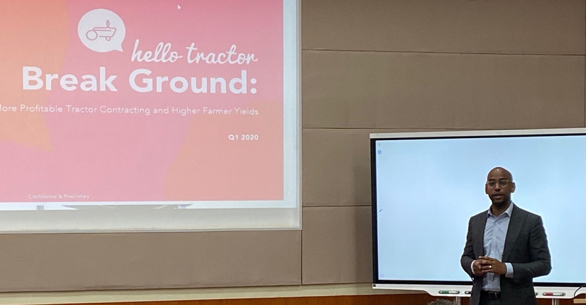 Hello Tractor CEO Jehiel Oliver addresses the IALP Class of 2020 in Kenay, discussing his company’s operations and service. Hello Tractor CEO Jehiel Oliver addresses the IALP Class of 2020 in Kenay, discussing his company’s operations and service.