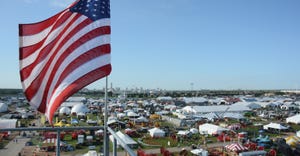 aerial view of Farm Progress Show with waving American flag