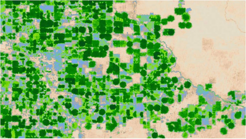 This image taken by the Landsat satellite shows an agricultural region in Idaho on August 14, 2000, 