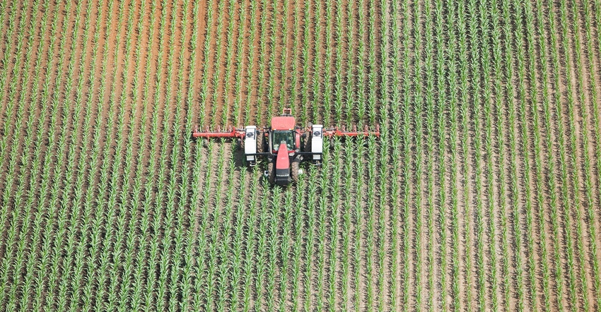 aerial image of tractor applying nitrogen in the field.