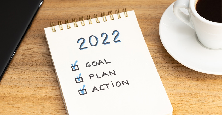 Notepad with 2022 goals, plan, action