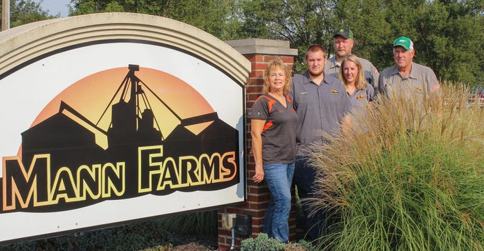 Five people standing next to a sign that reads Mann Farms
