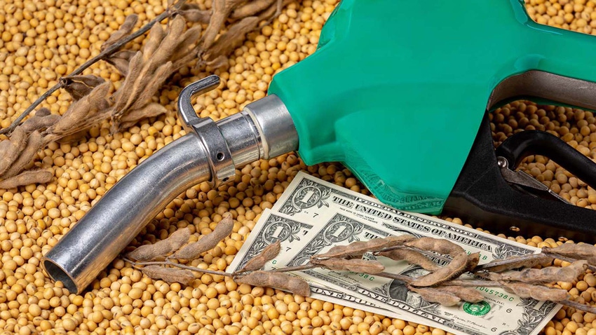 Fuel nozzle and soybeans representing renewable diesel