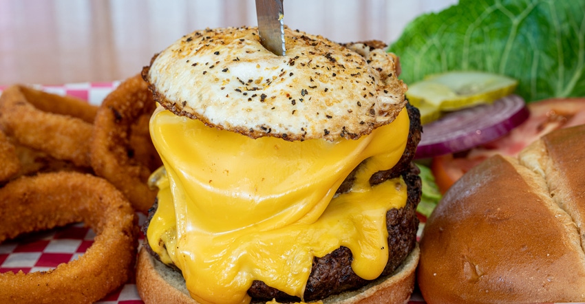 This year’s winning burger features a double patty, two slices of cheese and a fried egg on top.