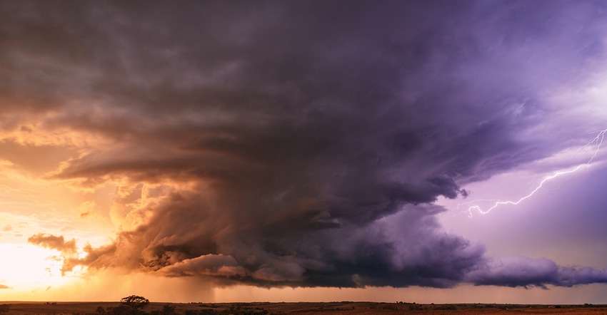 Storm clouds and lightning strike above pasture