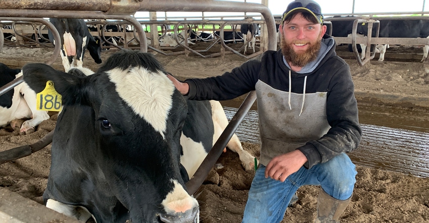 Adam Mareth of Mareth Dairy in barn with cow