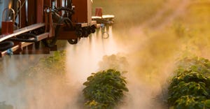 tractor spraying field of soybeans