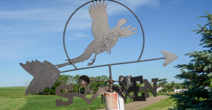 An iron pheasant at the entrance of the Tumbleweed Lodge