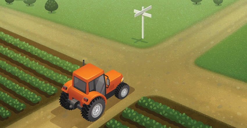 Illustration of orange tractor at crossroads in country.