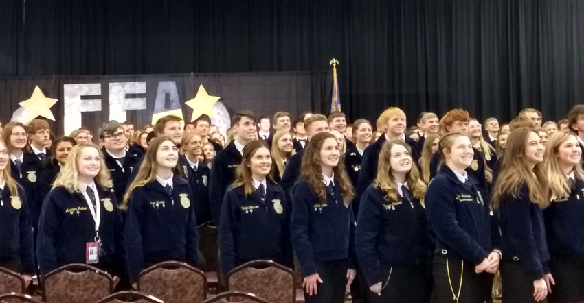 FFA members of District 4 pose for an overhead group photo of the entire gathering before their ceremonies began