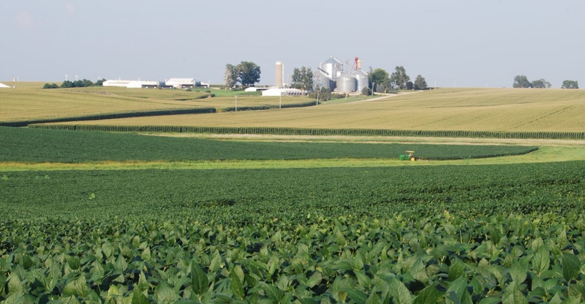 soybean field with farm in background