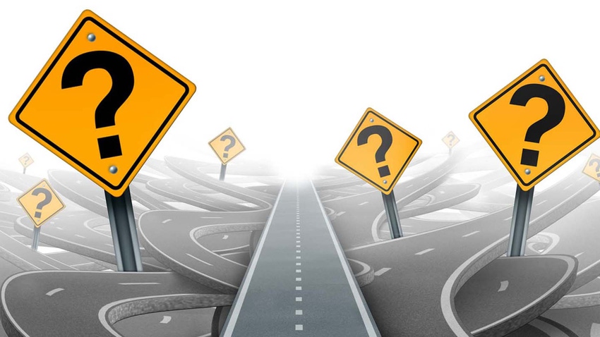 Question marks on road signs with winding roads