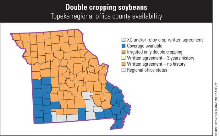 Missouri map of double cropping soybeans