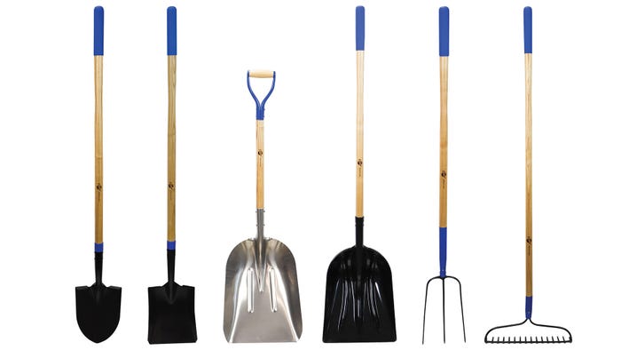 A line up of handtools including shovels and rakes