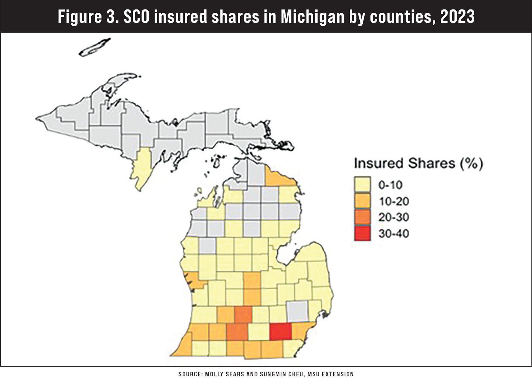 A map illustrating SCO insured shares in Michigan by counties in 2023