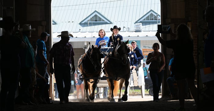 Dally Jo Orman, of Ottumwa, drives the carriage carrying Iowa’s Gov. Kim Reynolds and the Iowa FFA officers into the pavili Dally Jo Orman, of Ottumwa, drives the carriage carrying Iowa’s Gov. Kim Reynolds and the Iowa FFA officers into the pavili