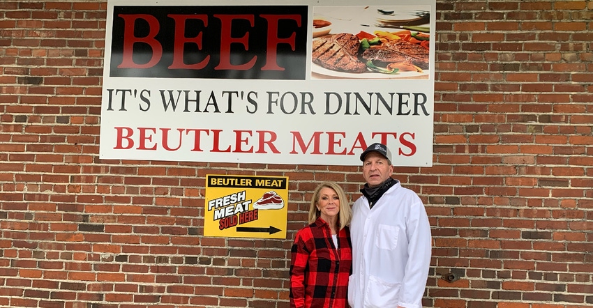 Steve and Barb Beutler standing outside Beutler Meats