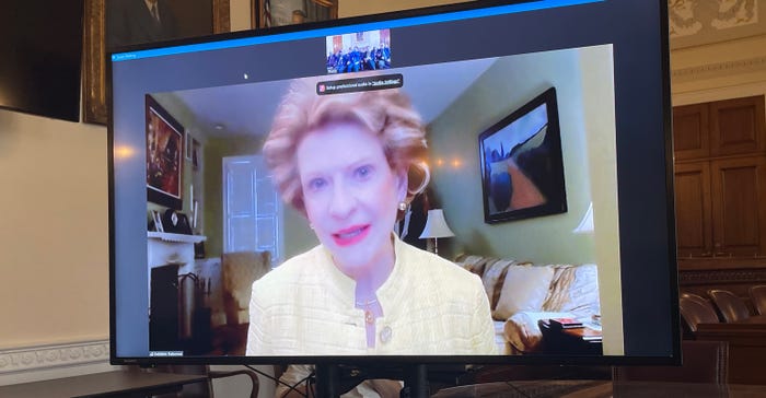 : Sen. Debbie Stabenow of Michigan, chairwoman of the Senate Committee on Agriculture, Nutrition and Forestry, speaks via a virtual meeting TV
