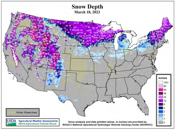 Map of U.S. snow depth as of March 18, 2023 from USDA