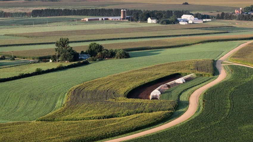 aerial view of cornfields and soybean fields with farms aerial view of cornfields and soybean fields with farms