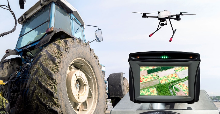 Smart agriculture , farm , precision farming concept. Automation Drone , tractor , NIR images processing application screen d