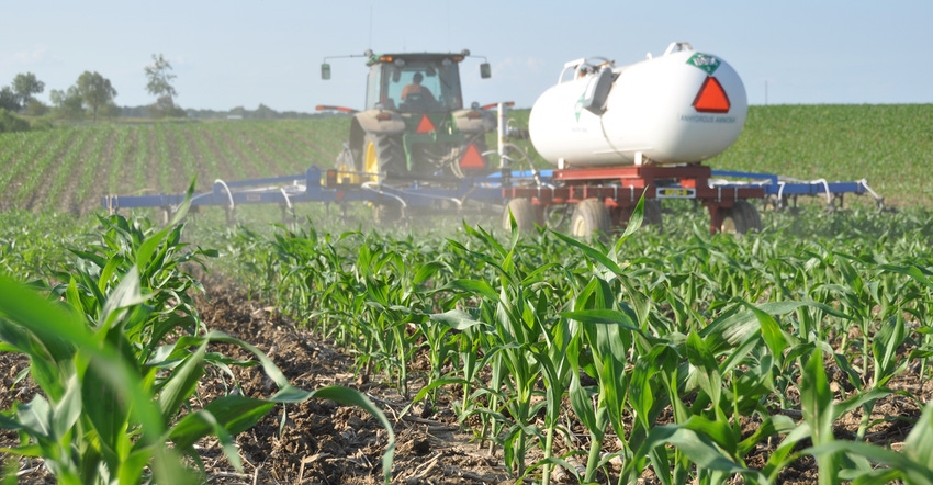 tractor applying anhydrous ammonia to cornfield