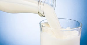 Close up of milk being poured into a glass from a bottle