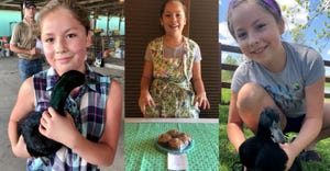 A collage of a young girl holding her duck and sharing her muffins