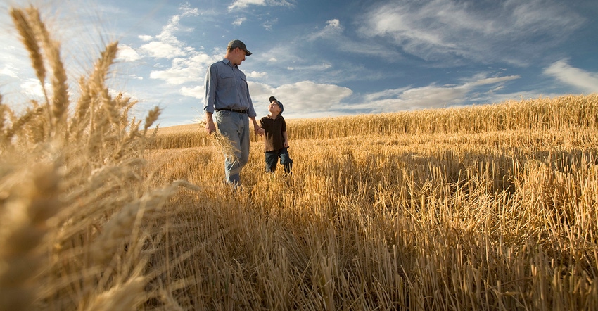 Father and son in wheat field.