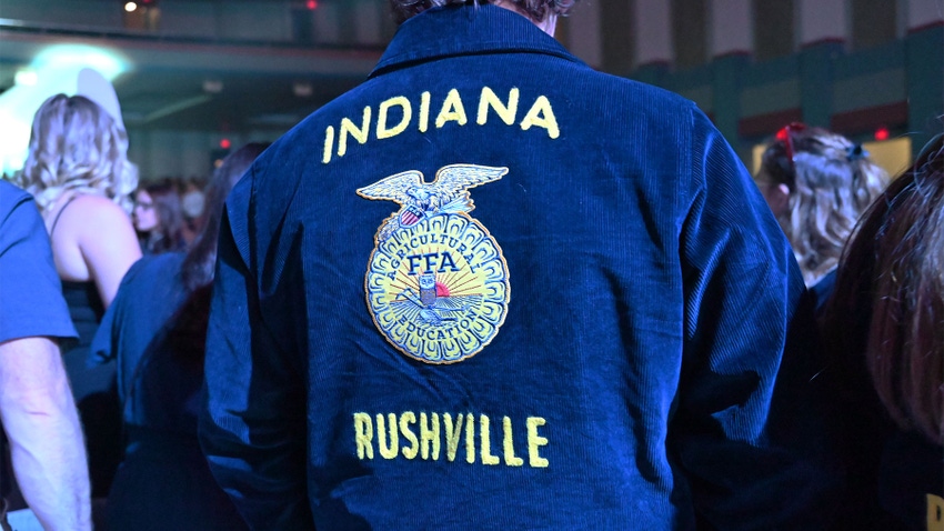 Back of an Indiana FFA Rushville blue jacket