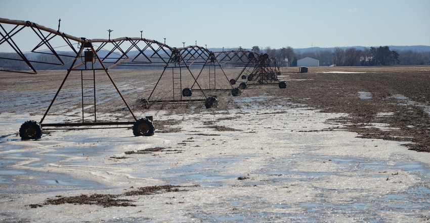 View of center pivots after 2019 flood damage