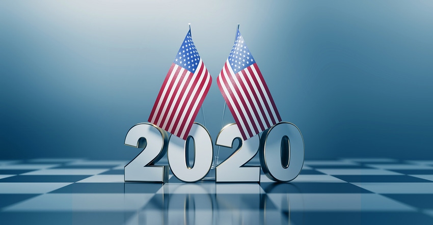 Pair of US flags on 2020 reflected in chess board