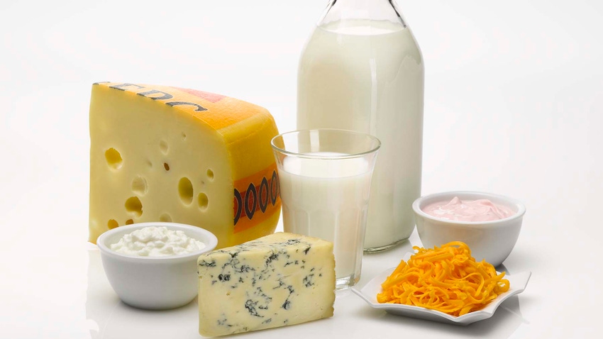 Variety of dairy products including milk and cheeses