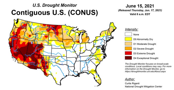 June 15, 2021 U.S. Drought Monitor Map of contiguous U.S.
