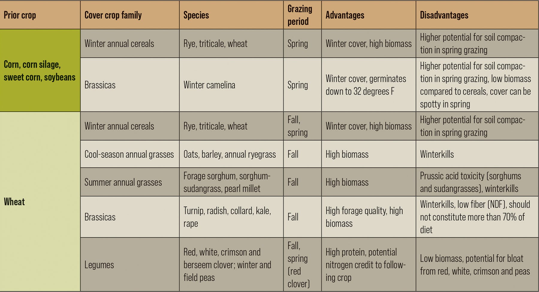 chart showing options for grazing cover crops