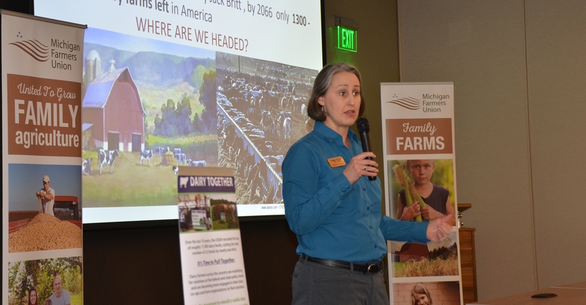 Kara O’Connor, Wisconsin Farmers Union government relations director, spoke at a Dairy Together meeting in St. Johns, April Kara O’Connor, Wisconsin Farmers Union government relations director, spoke at a Dairy Together meeting in St. Johns, April