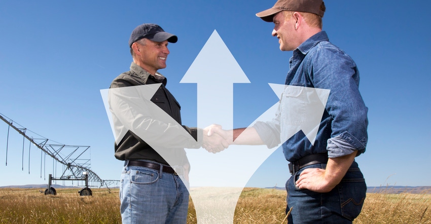 Illustration of two men talking in rural setting, with arrow of three ways to go on in foreground