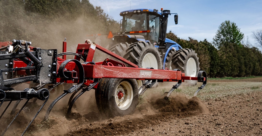 Close up of Salford tillage equipment in field