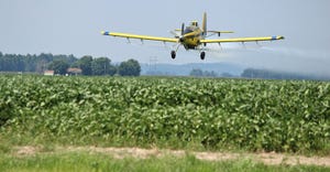plane applying chemicals to soybean field