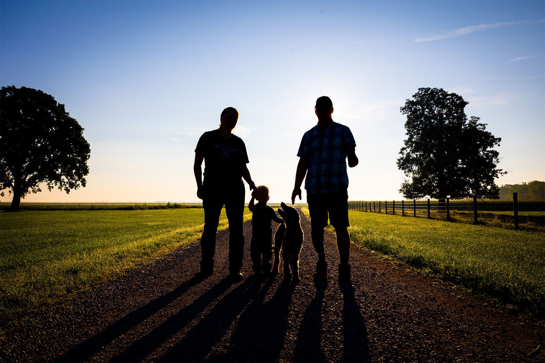 silhouette of a couple with a child and dog in between them on a rural road
