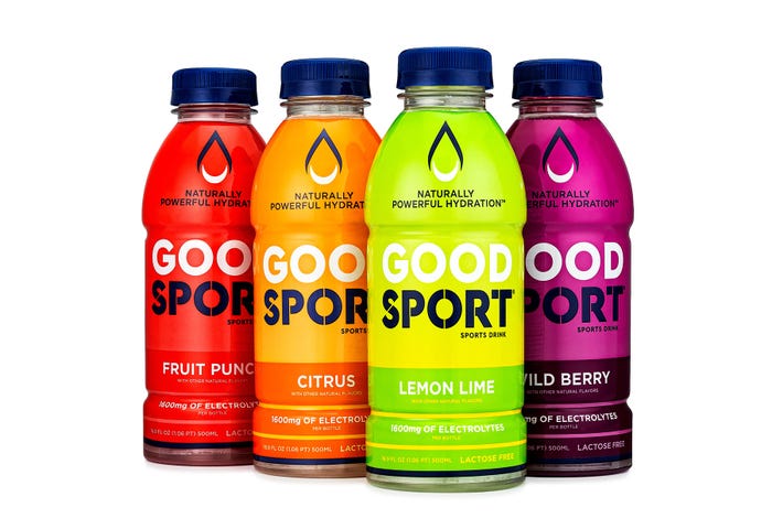 A product shot of GoodSport drink bottles in four flavors